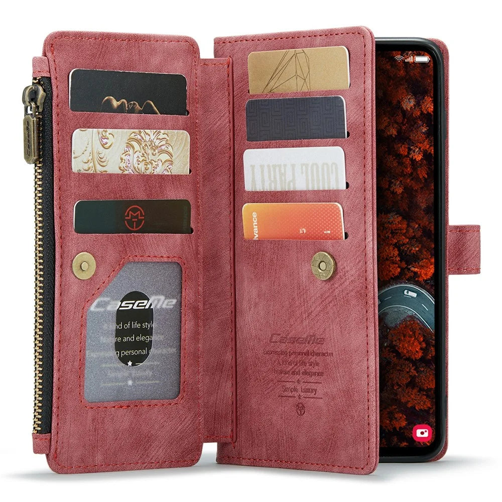 For Samsung Galaxy S24+ Phone Cases with Strap CASEME C30 Zipper Multiple Card Holder PU Leather Cover - Red - 2