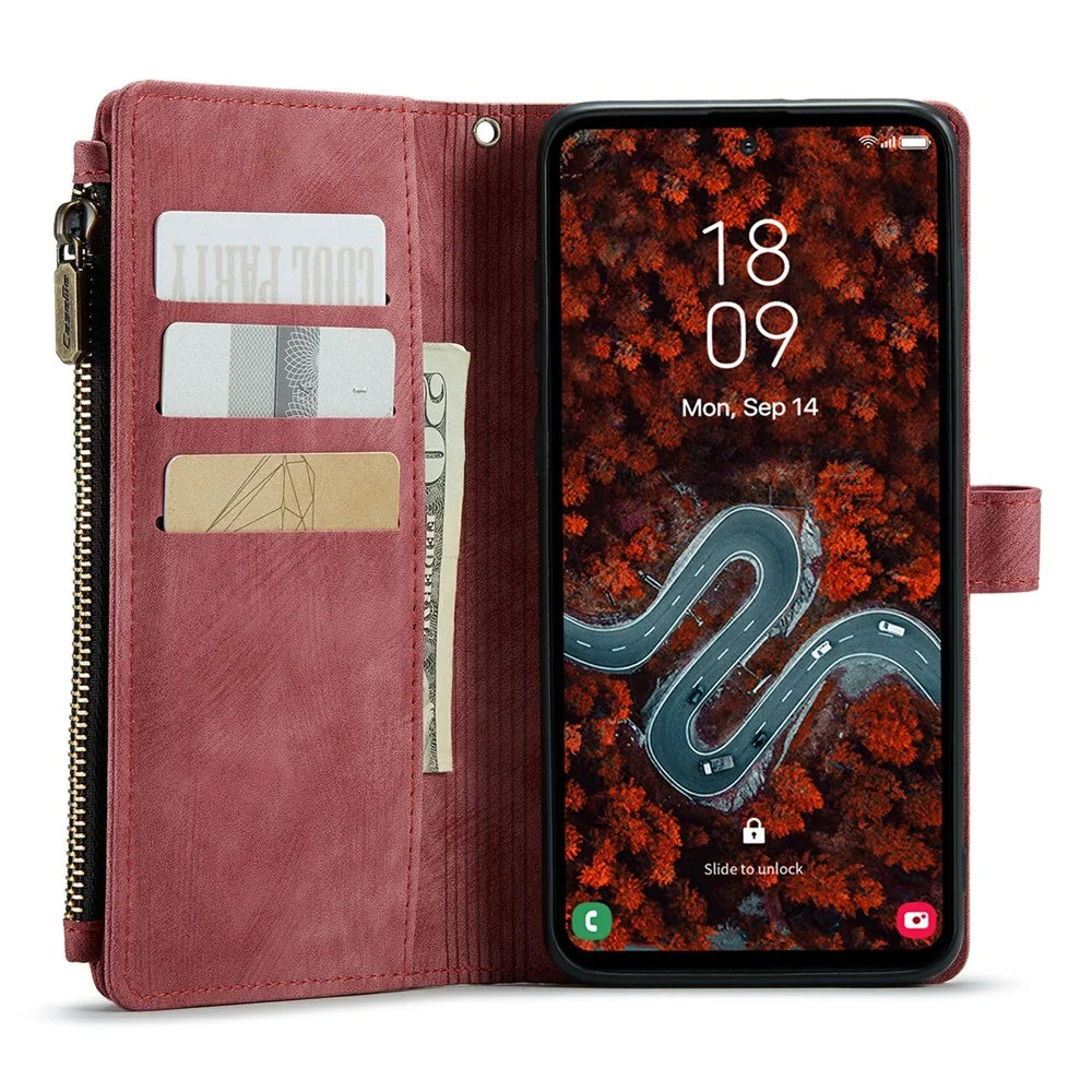 For Samsung Galaxy S24+ Phone Cases with Strap CASEME C30 Zipper Multiple Card Holder PU Leather Cover - Red - 3