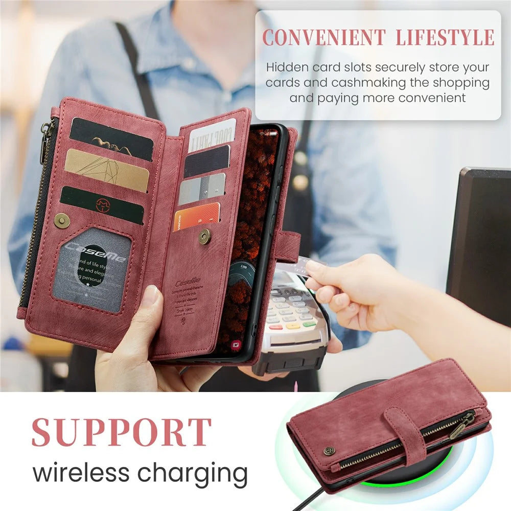 For Samsung Galaxy S24+ Phone Cases with Strap CASEME C30 Zipper Multiple Card Holder PU Leather Cover - Red - 7