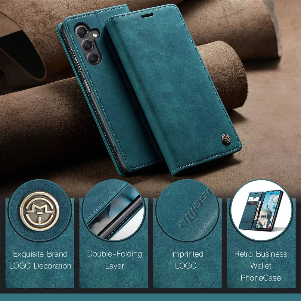 CASEME 013 Series For Samsung Galaxy A15 5G / A15 4G Case Business Style Flip Stand Phone Cover - Blue - 7