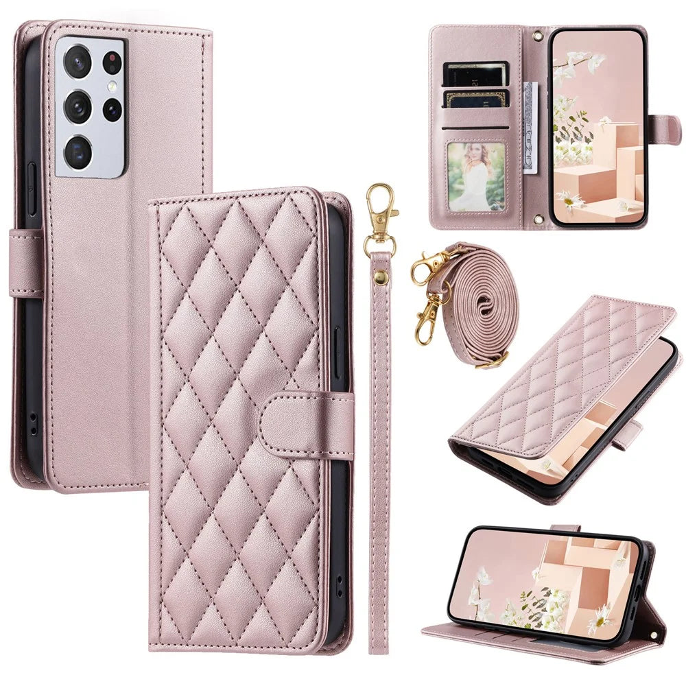 For Samsung Galaxy S21 Ultra 5G Wallet Case Leather Stand Cover Rhombus Grid - Rose Gold - 1
