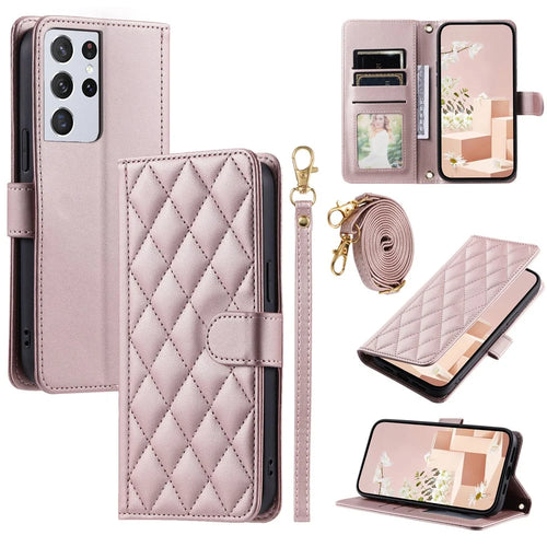 For Samsung Galaxy S21 Ultra 5G Wallet Case Leather Stand Cover Rhombus Grid - Rose Gold - 1