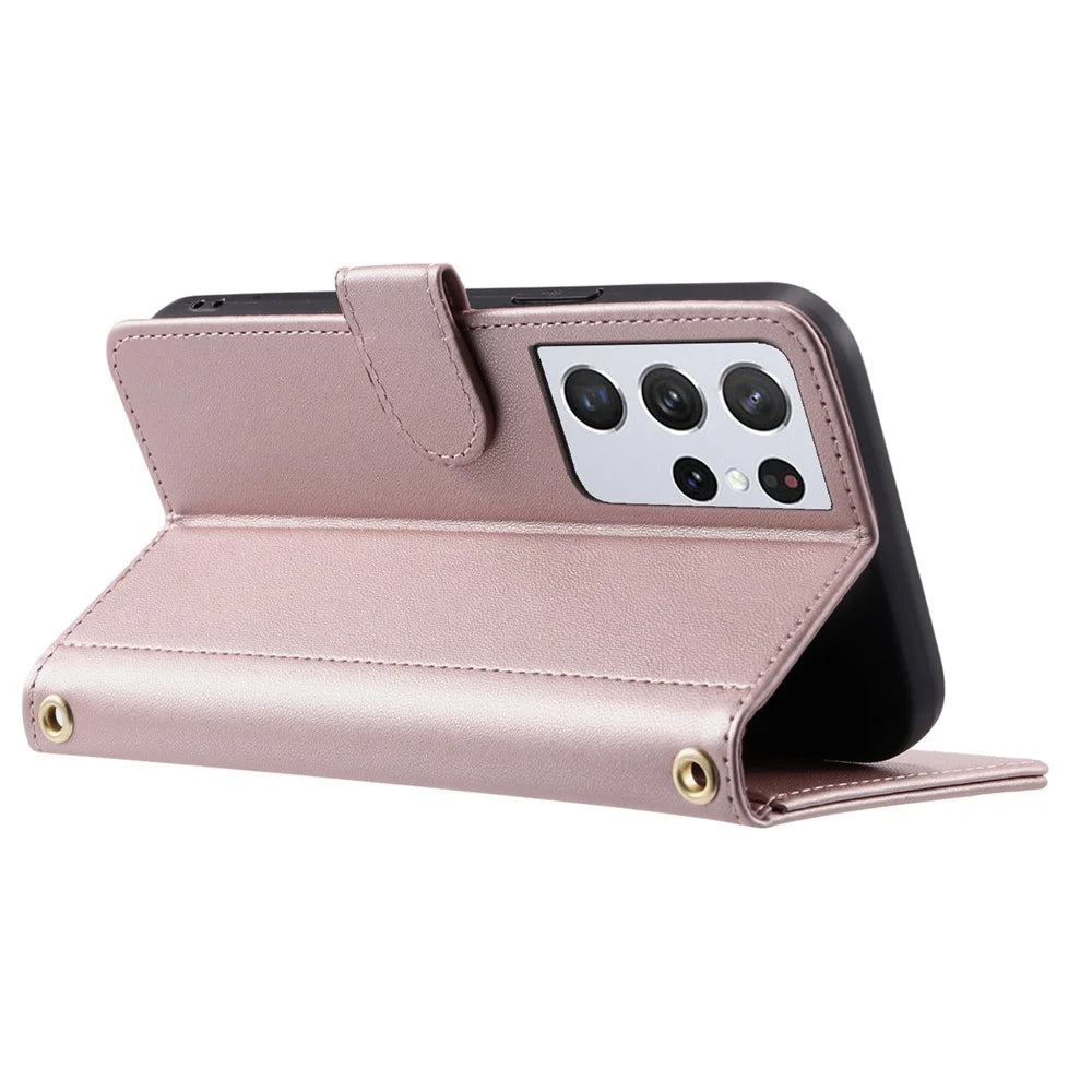 For Samsung Galaxy S21 Ultra 5G Wallet Case Leather Stand Cover Rhombus Grid - Rose Gold - 3