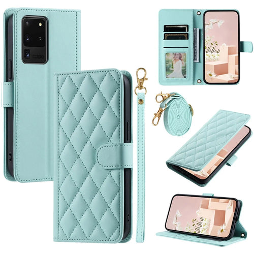 For Samsung Galaxy S20 Ultra Case Stand Flip Leather Phone Cover with 2 Straps - Mint Green - 1