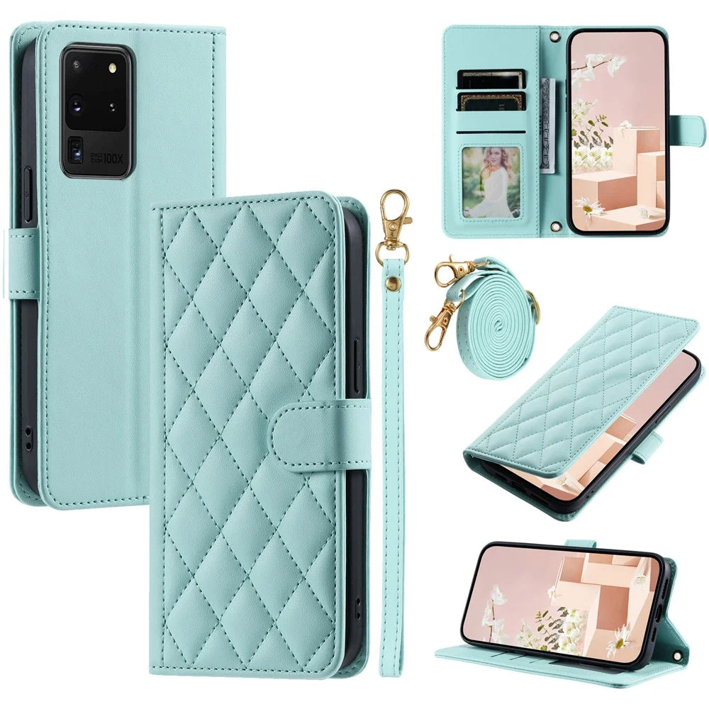 For Samsung Galaxy S20 Ultra Case Stand Flip Leather Phone Cover with 2 Straps - Mint Green - 1
