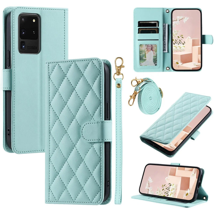 For Samsung Galaxy S20 Ultra Case Stand Flip Leather Phone Cover with 2 Straps - Mint Green - 1
