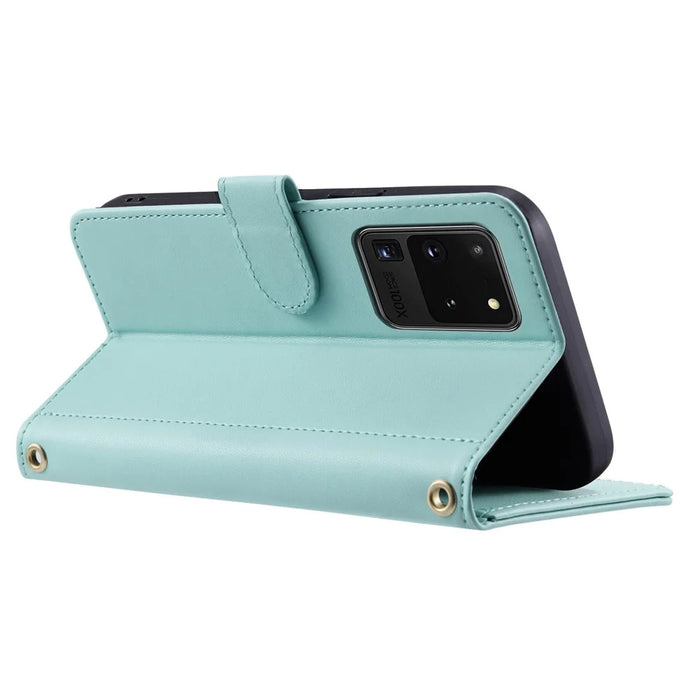 For Samsung Galaxy S20 Ultra Case Stand Flip Leather Phone Cover with 2 Straps - Mint Green - 3