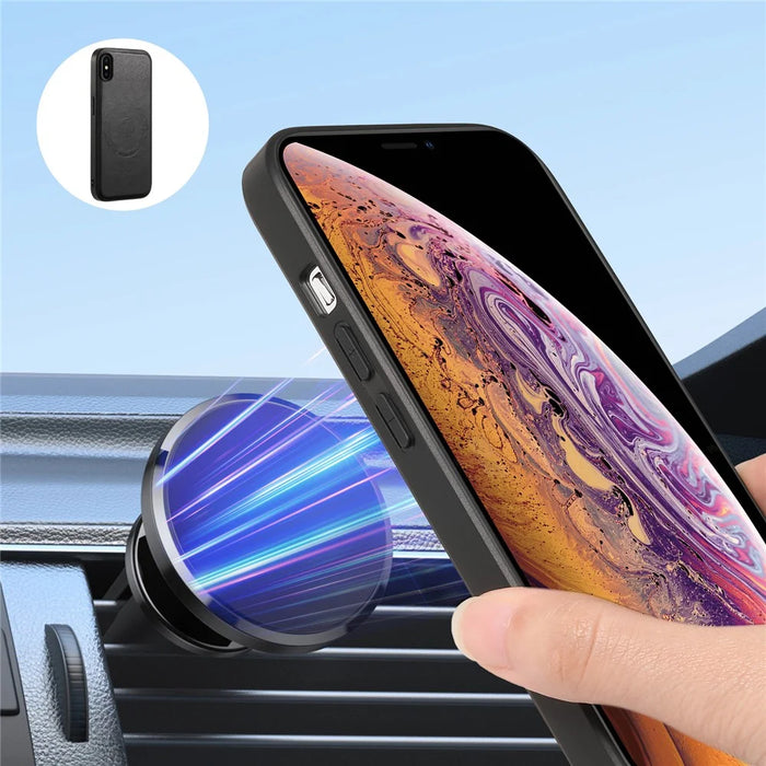 DENIOR For iPhone X / XS Case Compatible with MagSafe Cowhide Texture Shockproof Phone Cover - Black - 4