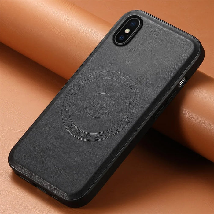 DENIOR For iPhone X / XS Case Compatible with MagSafe Cowhide Texture Shockproof Phone Cover - Black - 5