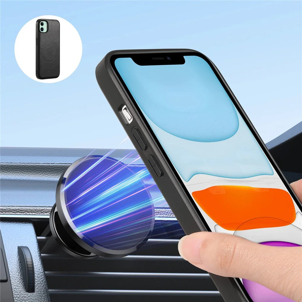 DENIOR For iPhone 11 Phone Case Compatible with MagSafe PU Leather Cover - Black - 4
