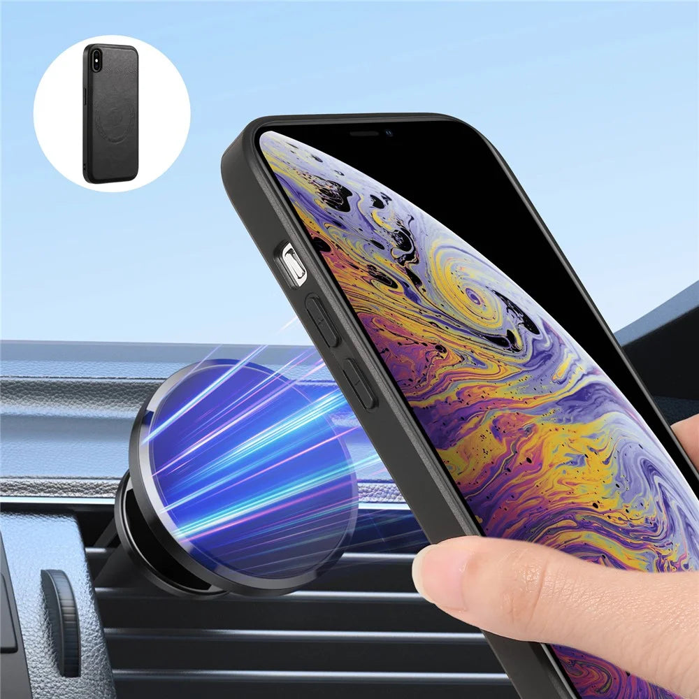 DENIOR For iPhone XS Max Magnetic Case PU Leather Coated PC+TPU Shockproof Phone Cover - Black - 4