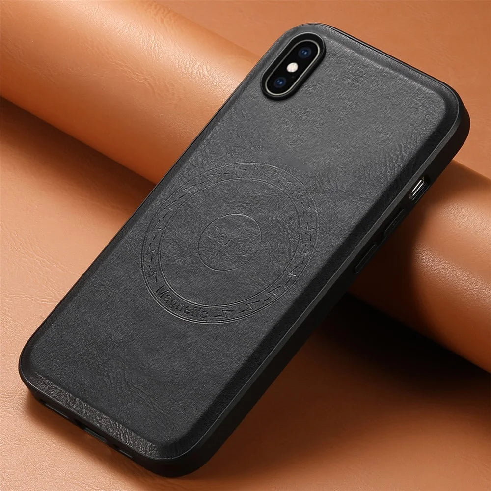 DENIOR For iPhone XS Max Magnetic Case PU Leather Coated PC+TPU Shockproof Phone Cover - Black - 5