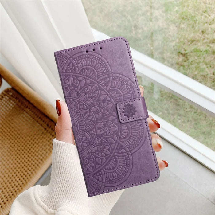 For Samsung Galaxy A15 5G Cell Phone Case Flower Imprinted Wallet Cover - Purple - 6