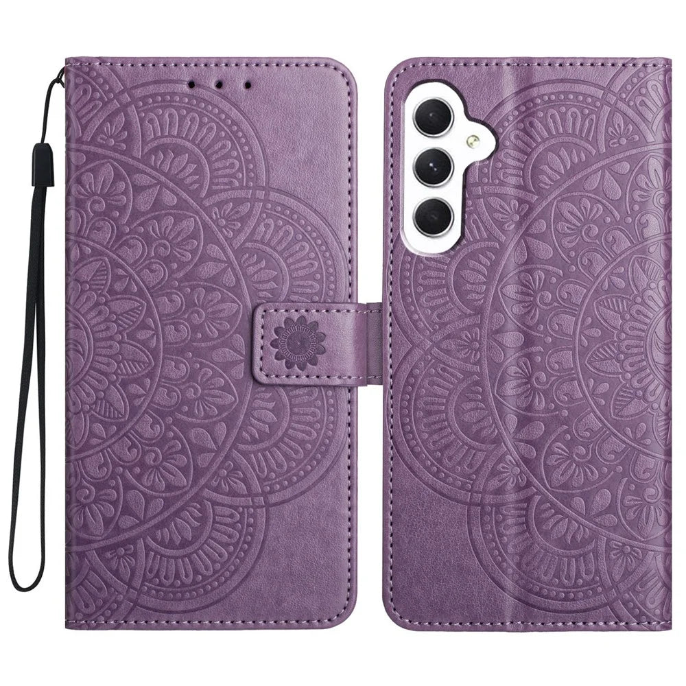 For Samsung Galaxy A54 5G Case Magnetic Flower Imprinted Phone Cover with Hand Strap - Purple - 1