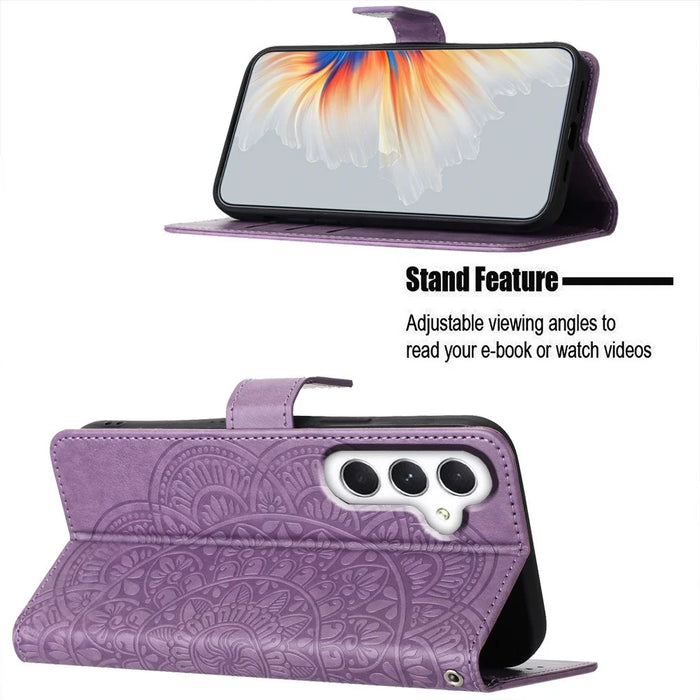 For Samsung Galaxy A54 5G Case Magnetic Flower Imprinted Phone Cover with Hand Strap - Purple - 4