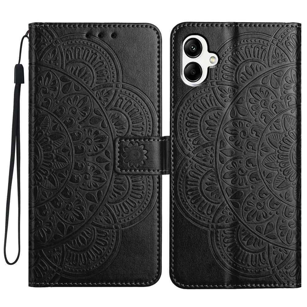For Samsung Galaxy A05 4G Case Magnetic Foldable Stand Phone Cover with Flower Pattern - Black - 1
