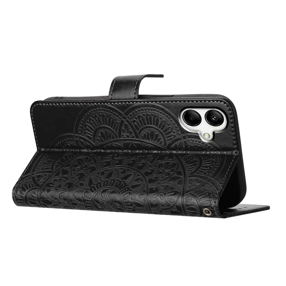 For Samsung Galaxy A05 4G Case Magnetic Foldable Stand Phone Cover with Flower Pattern - Black - 2