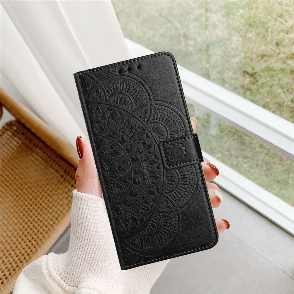 For Samsung Galaxy A05 4G Case Magnetic Foldable Stand Phone Cover with Flower Pattern - Black - 7