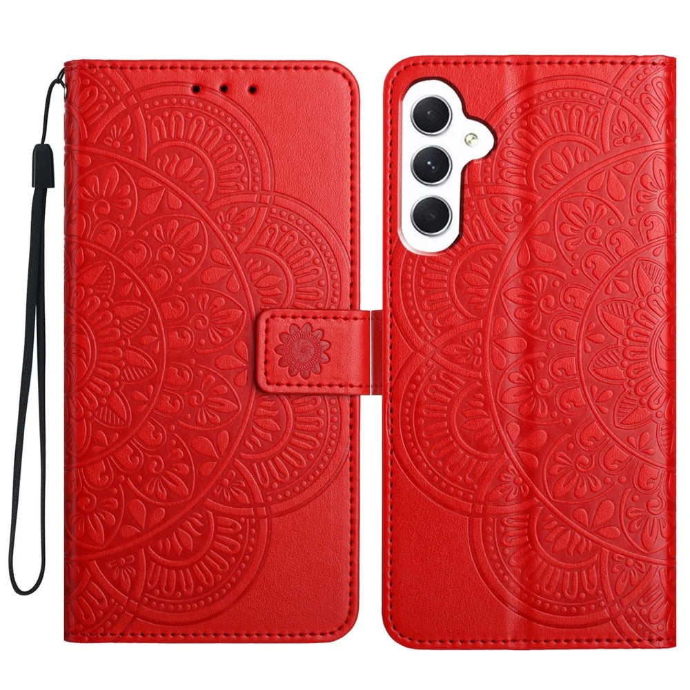 For Samsung Galaxy A35 5G Case Flower Pattern Imprinted Flip Stand Phone Cover - Red - 1
