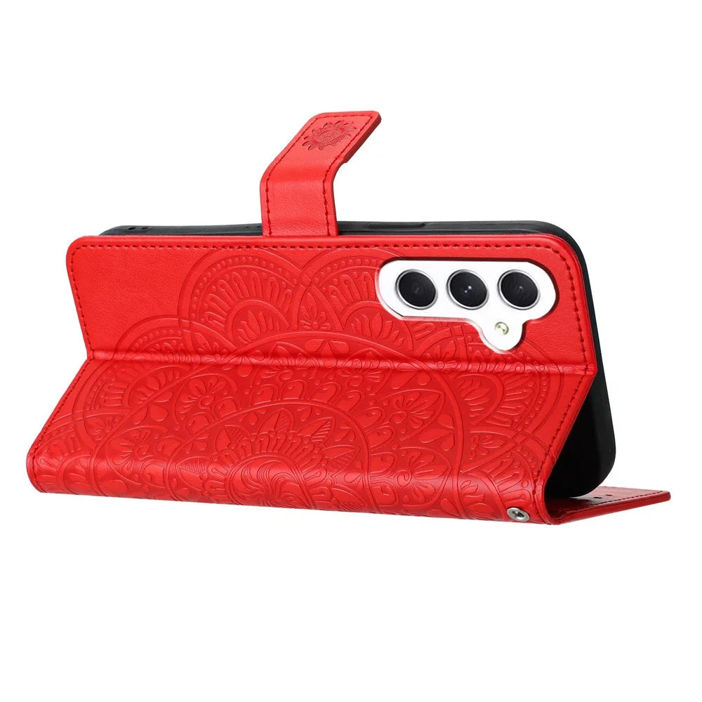 For Samsung Galaxy A35 5G Case Flower Pattern Imprinted Flip Stand Phone Cover - Red - 4