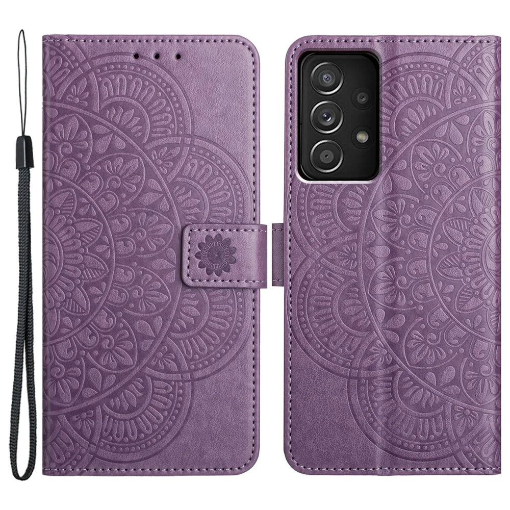 For Samsung Galaxy A52 5G / 4G / A52s 5G Case Flower Imprinted Magnetic Closure Stand Phone Cover - Purple - 1