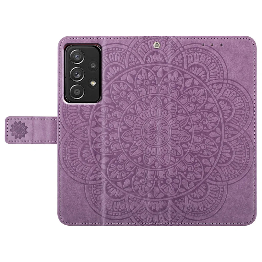 For Samsung Galaxy A52 5G / 4G / A52s 5G Case Flower Imprinted Magnetic Closure Stand Phone Cover - Purple - 6
