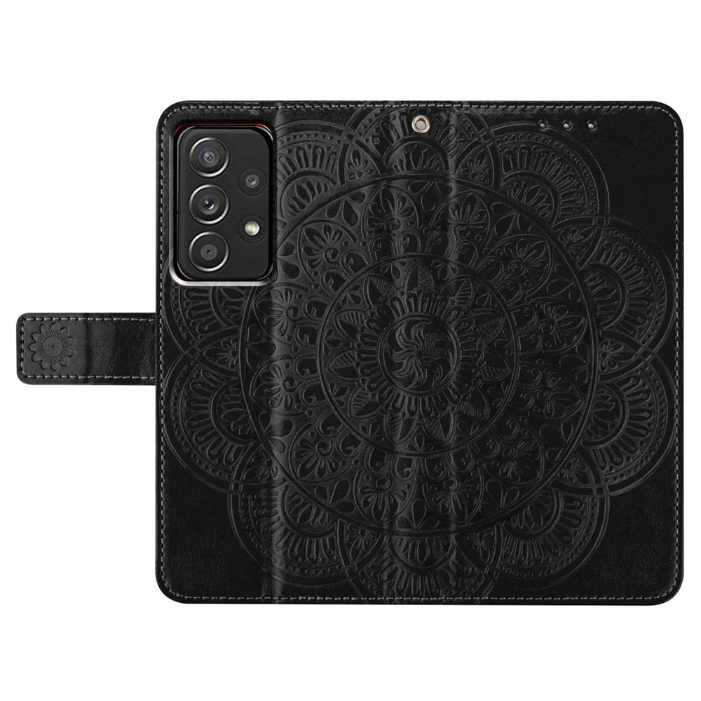 For Samsung Galaxy A33 5G Case PU Leather Flower Pattern Wallet Style Flip Phone Cover - Black - 6