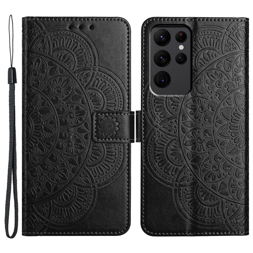 For Samsung Galaxy S23 Ultra Cell Phone Cases Flower Pattern Leather Cover - Black - 1
