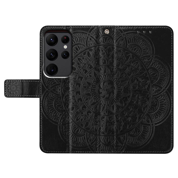 For Samsung Galaxy S23 Ultra Cell Phone Cases Flower Pattern Leather Cover - Black - 6