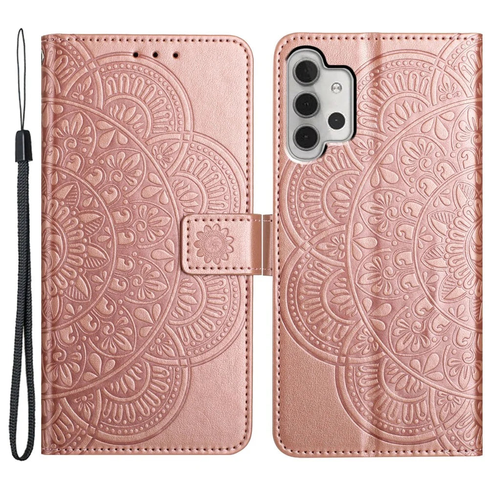 For Samsung Galaxy A13 4G Phone Case PU Leather Folio Flip Wallet Cover with Strap - Rose Gold - 1