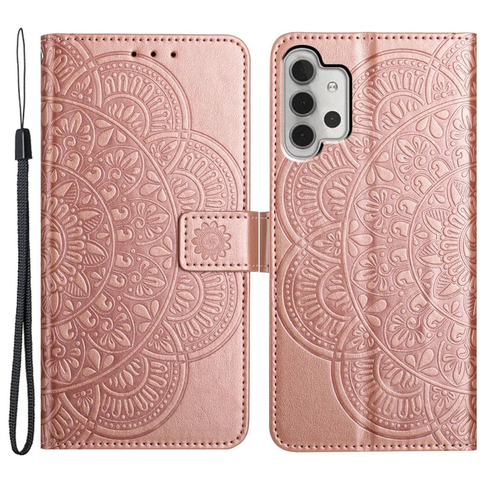For Samsung Galaxy A13 4G Phone Case PU Leather Folio Flip Wallet Cover with Strap - Rose Gold - 1