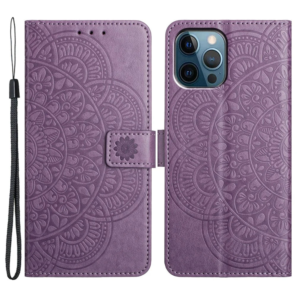 For iPhone 15 Pro Max Case Flower Pattern Flip Stand Phone Protector - Purple - 1