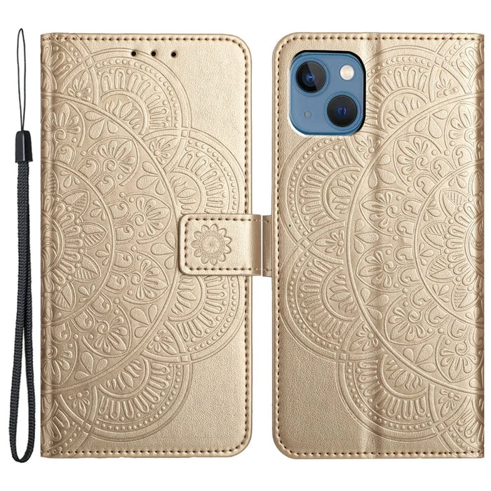For iPhone 14 Plus Wallet Case Flower Pattern Flip Design Phone Protector - Gold - 1