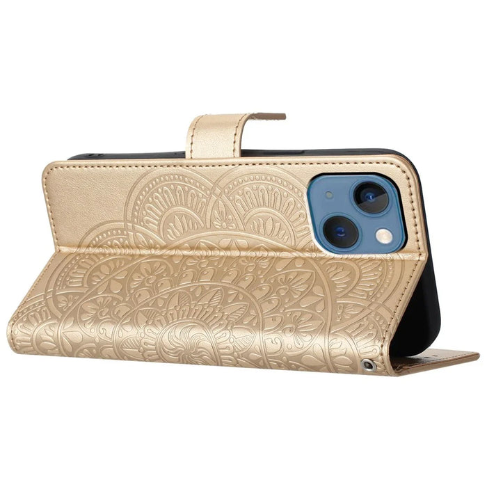 For iPhone 14 Plus Wallet Case Flower Pattern Flip Design Phone Protector - Gold - 3