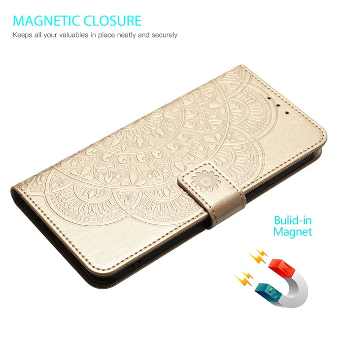 For iPhone 14 Plus Wallet Case Flower Pattern Flip Design Phone Protector - Gold - 5