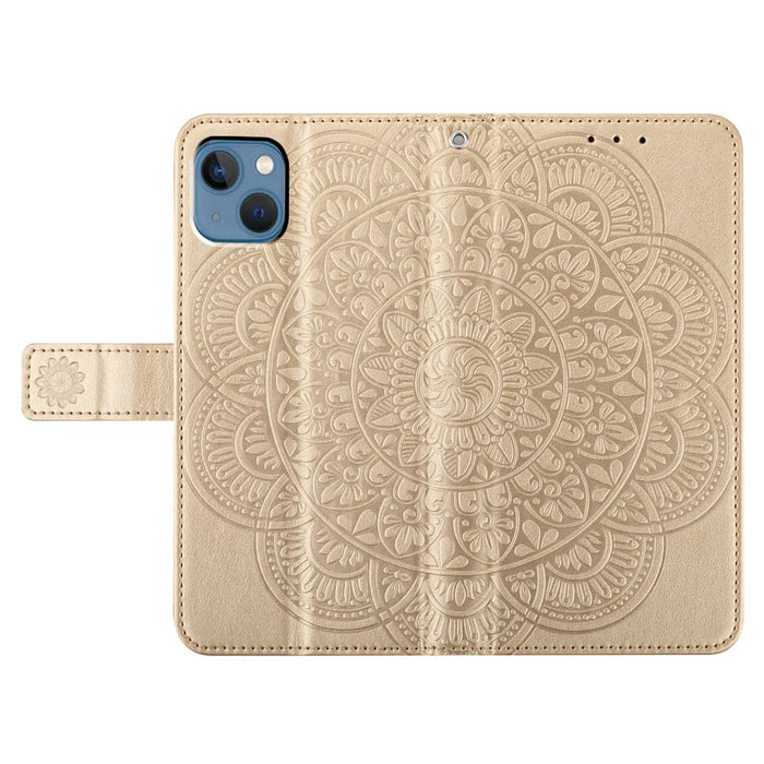 For iPhone 14 Plus Wallet Case Flower Pattern Flip Design Phone Protector - Gold - 6