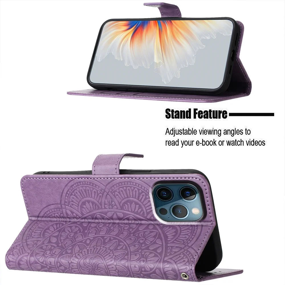 For iPhone 13 Pro Max 6.7 inch Case Leather Card Slots Phone Cover with Mandala Flowers Design - Purple - 3