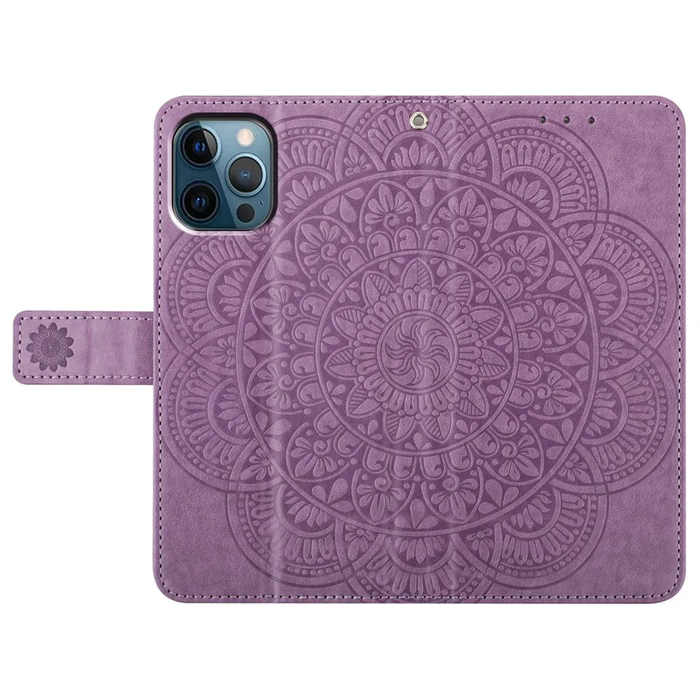 For iPhone 13 Pro Max 6.7 inch Case Leather Card Slots Phone Cover with Mandala Flowers Design - Purple - 5