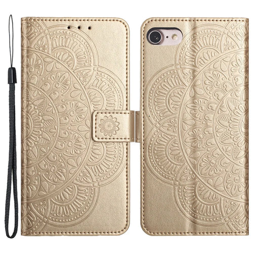 For iPhone 6 / 6s / 7 / 8 / SE (2020) / SE (2022) Case Flower PU Leather Magnetic Wallet Flip Phone Cover - Gold - 1