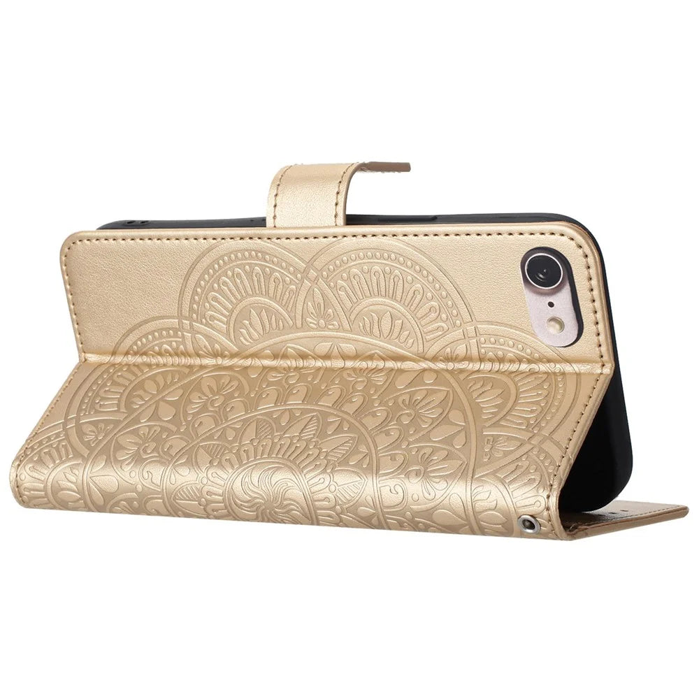 For iPhone 6 / 6s / 7 / 8 / SE (2020) / SE (2022) Case Flower PU Leather Magnetic Wallet Flip Phone Cover - Gold - 3