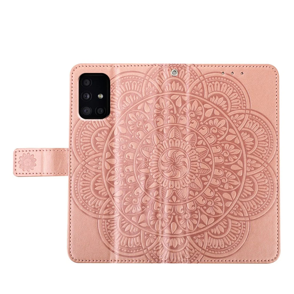 For Samsung Galaxy A51 4G SM-A515 PU Leather Wallet Case Imprinted Flower Cover - Rose Gold - 5