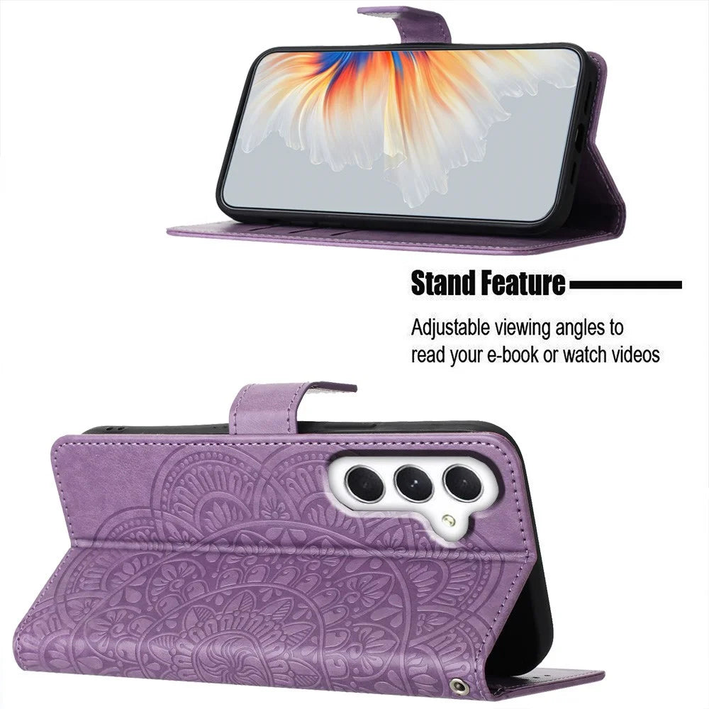 For Samsung Galaxy A55 5G Case Mandala Flowers Leather Flip Wallet Cover - Purple - 4