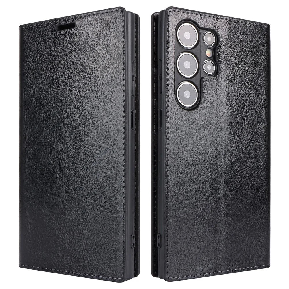 For Samsung Galaxy S24 Ultra Case Crazy Horse Texture Split Leather Phone Cover - Black - 1