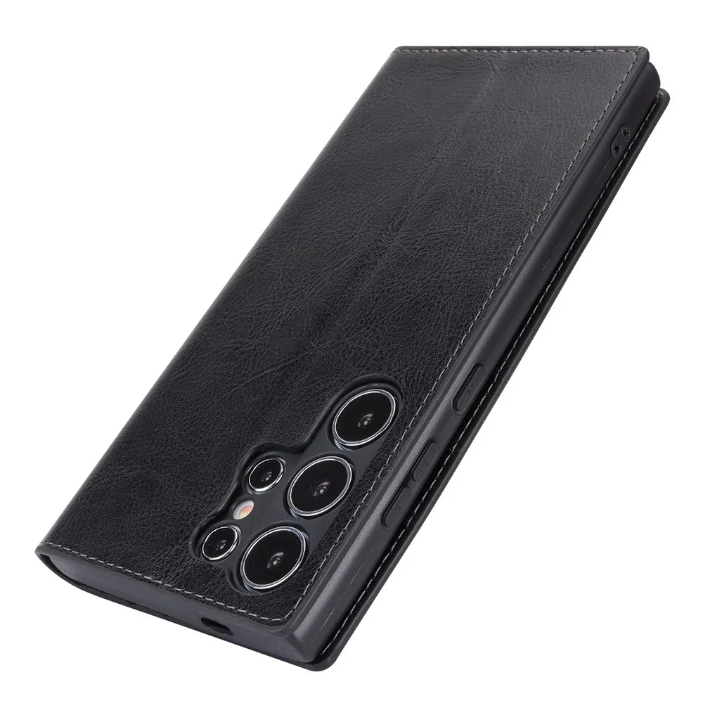For Samsung Galaxy S24 Ultra Case Crazy Horse Texture Split Leather Phone Cover - Black - 5