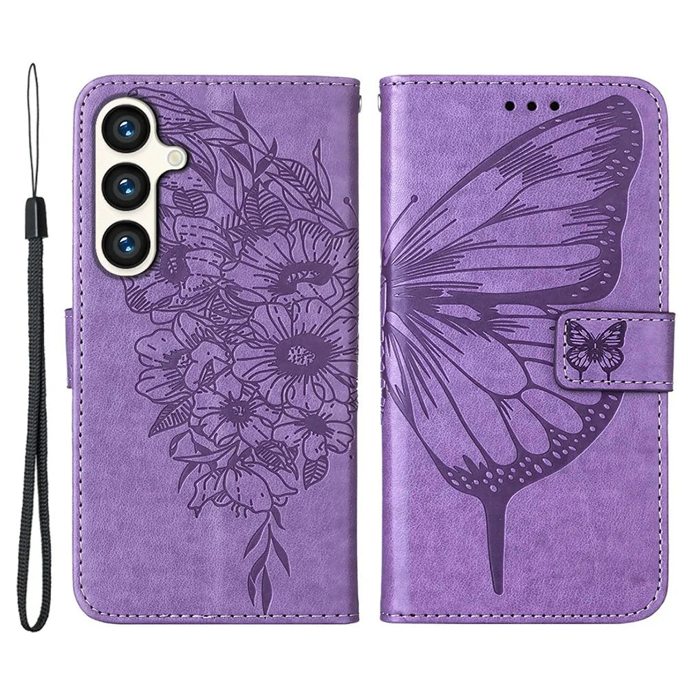 For Samsung Galaxy S24+ Wallet Case with Wrist Strap Butterfly Imprint Leather Phone Cover - Purple - 1