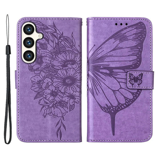 For Samsung Galaxy S24+ Wallet Case with Wrist Strap Butterfly Imprint Leather Phone Cover - Purple - 1