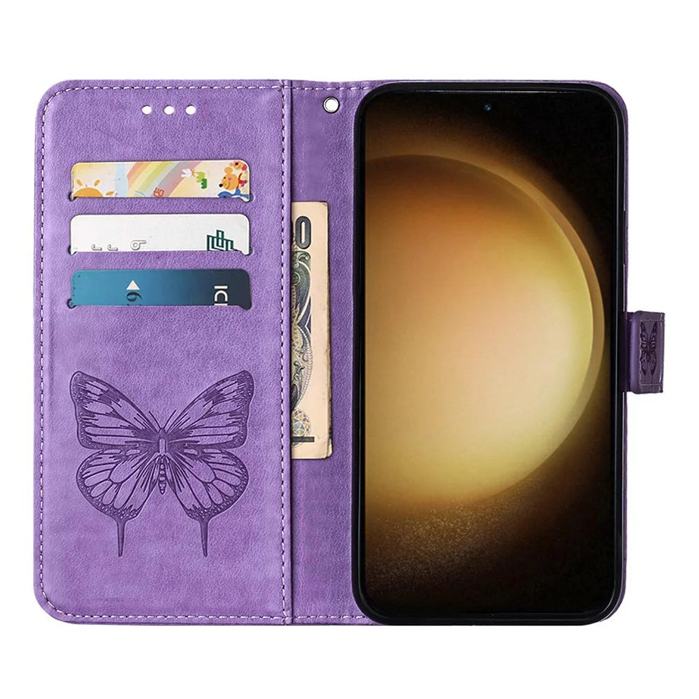 For Samsung Galaxy S24+ Wallet Case with Wrist Strap Butterfly Imprint Leather Phone Cover - Purple - 2
