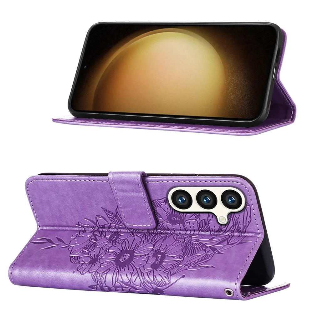 For Samsung Galaxy S24+ Wallet Case with Wrist Strap Butterfly Imprint Leather Phone Cover - Purple - 3