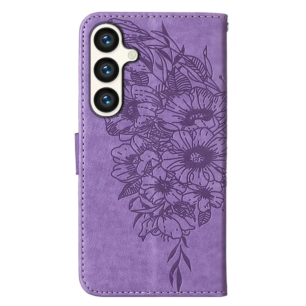 For Samsung Galaxy S24+ Wallet Case with Wrist Strap Butterfly Imprint Leather Phone Cover - Purple - 5