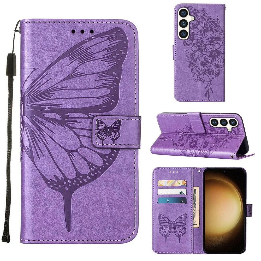 For Samsung Galaxy S24+ Wallet Case with Wrist Strap Butterfly Imprint Leather Phone Cover - Purple - 6